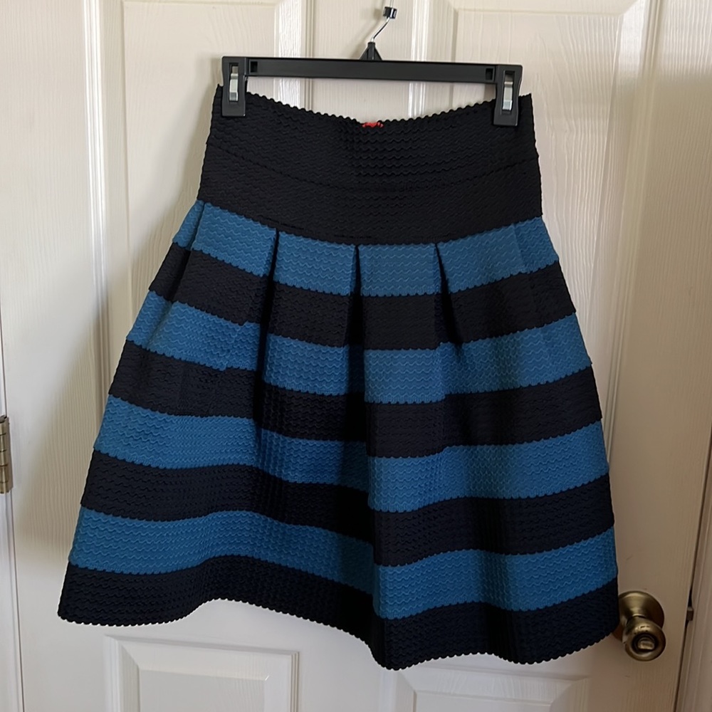 Anthropologie Girls from Savoy Black and Blue Ponte Bell Striped Skirt, Size M/L